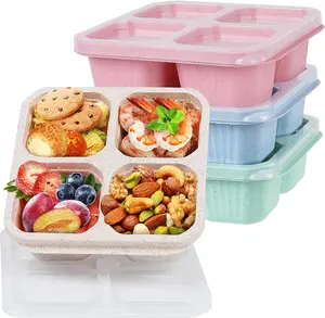 4-Pack Bento Snack Containers Set - Food Storage Lunch Boxes, Wheat Straw Meal Prep Containers, Plastic Lunch Box for Kids & Adults, Microwave & Dishwasher Safe