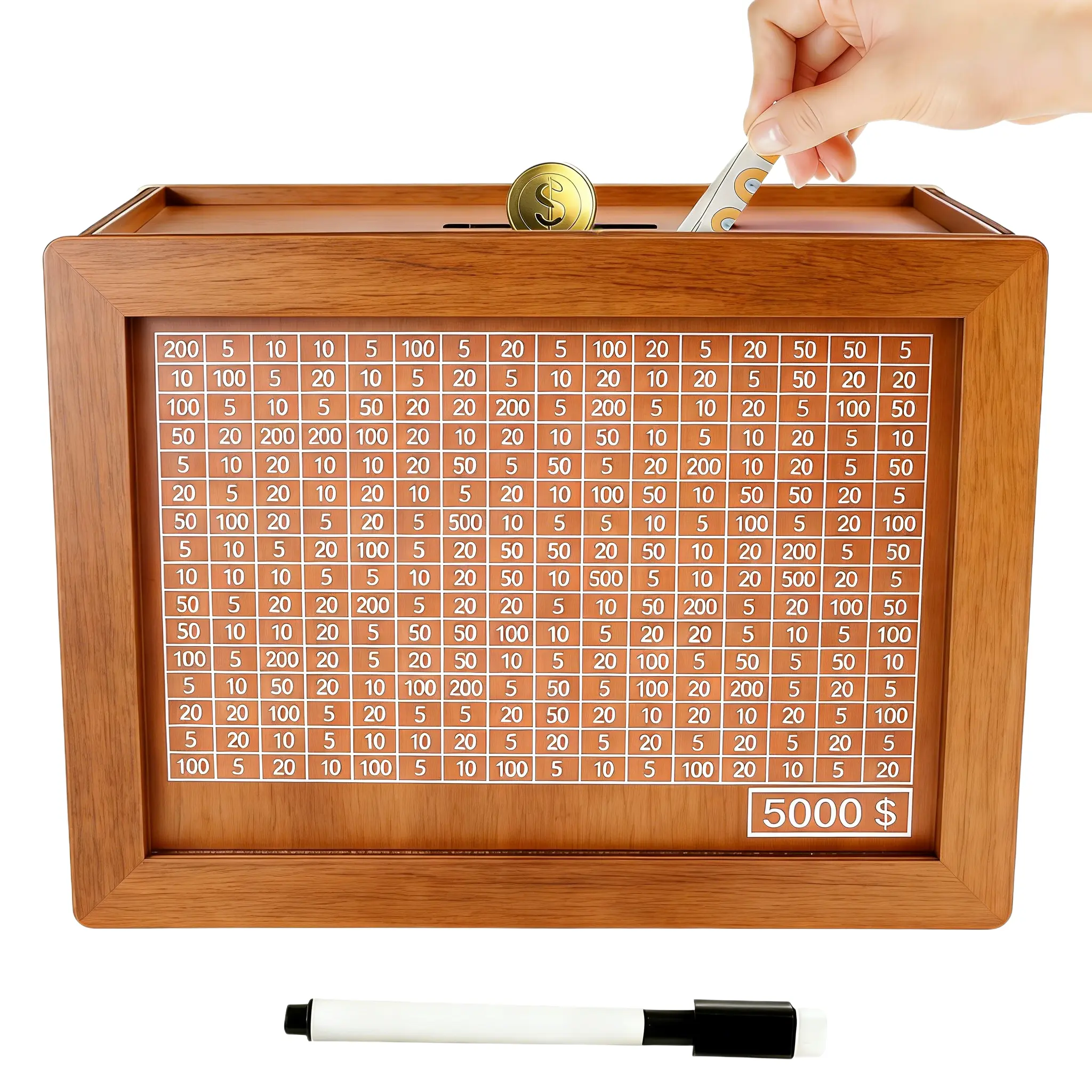Wooden 5000 Savings Challenge Box Reusable Money Saving Tracker with Number Grid Dry Erase Marker Minimalist Desk Decor Piggy Bank for Adults Teens Budget Friendly Cash Saver for Travel Wedding Emergency Fund Motivational Money Box to  Goals Perfect Gift