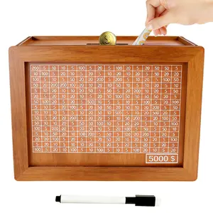 Wooden 5000 Savings Challenge Box Reusable Money Saving Tracker with Number Grid Dry Erase Marker Minimalist Desk Decor Piggy Bank for Adults Teens Budget Friendly Cash Saver for Travel Wedding Emergency Fund Motivational Money Box to  Goals Perfect Gift