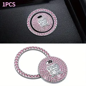 1pc Diamond studded button stickers ignition start stickers cute car interior accessories, universal bright pink diamonds car engine ignition start button decoration ring crystal stickers start stop ignition button switch cover stickers