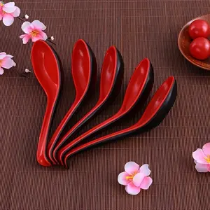 5pcs Soup Spoons Japanese Style Rice Spoons Melamine Spoon Sauces Soup Spoon Porridge Spoon Ramen Pho Wonton Dumpling Red And Black Spoons For Restaurant Supplies, Dinnerware Utensils, Plastic Spoons