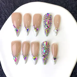 Colorful Diamond Press-On Nails | Hand-Sewn Pearl & Diamond Inlay | Reusable Gel Tips for Bridal Trials, Red Carpets & Silent Luxury Vibes | Surgical-Grade Adhesive