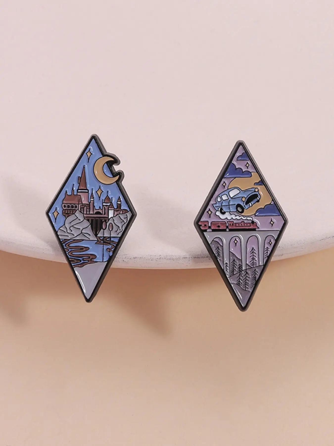 Hogwarts Express Enamel Pin Set, Diamond Badge with Rubber Backing, Magic World Collectible, Movie Marathon Gift, Scarf Decoration, Versatile Decor, Movie Memorabilia, Collectible Item, Diamond Shape, Magical World Collectible