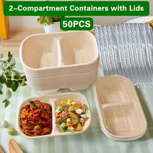 Wheat Straw Divided Food Containers 50pcs (2 Sections + Lids), Eco-Friendly Disposable Takeout Bento Boxes, Microwave-Safe Stackable Storage, For Parties Picnics Buffets, Holiday Events, Pasta Salad Meal Prep
