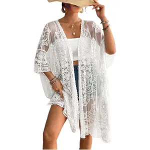 Women's Lace Bikini Cover-Up 3/4 Sleeves Open Front Sheer Mesh Crochet Kimono Cardigan