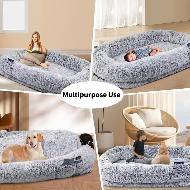 Human Dog Bed, Fits You & Pets, Washable Faux Fur, Orthopedic, Plump Pillow, Blanket, Strap