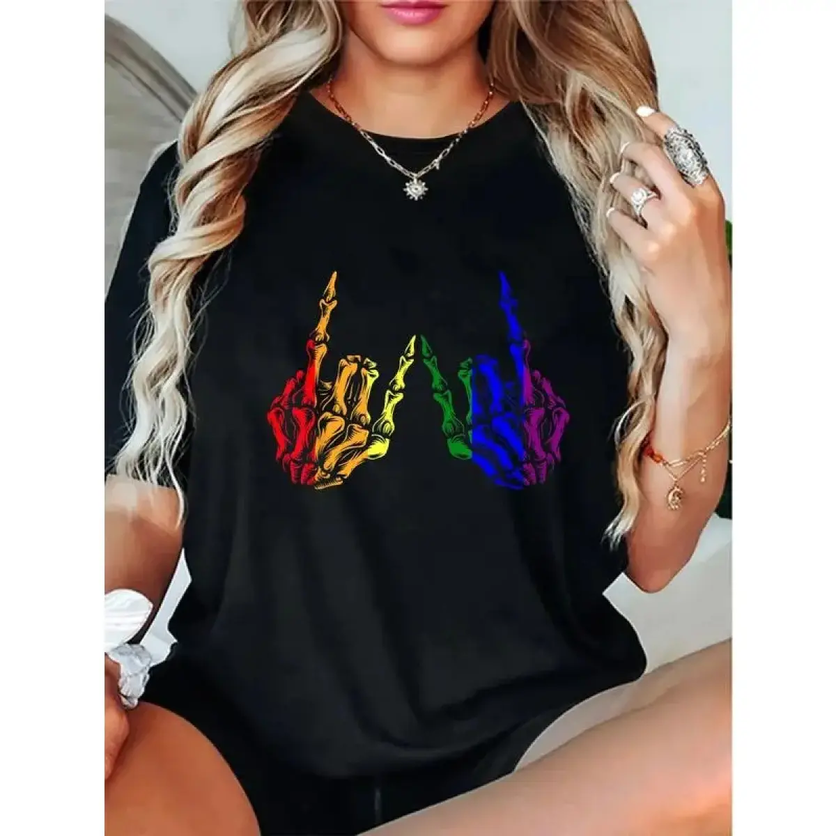 2026 New Unisex Crewneck Tee Everyday Comfort Shirt 100% Cotton Skeleton Rock Hand LGBT-Q Cool Rainbow Flag Gay Pride Ally T-Shirt Y2K Streetwear Trendy Graphic T-Shirt,tshirt