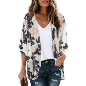 Floral Print Puff Sleeve Kimono Cardigan Loose Cover Up Casual Blouse Tops