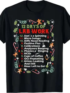 12 Days Lab Technician Christmas Funny Medical Laboratory T-Shirt -100% Cotton 220g, for students, Thanksgiving, home leisure, classic fit, quick-dry performance, Christmas Eve, Black Friday