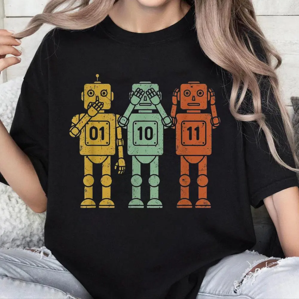 Unisex Robot Geek Graphic T-Shirt, Casual 100% Cotton Streetwear Tee with Round Neck and Funny Binary Code Print, Everyday, Top, Tshirt