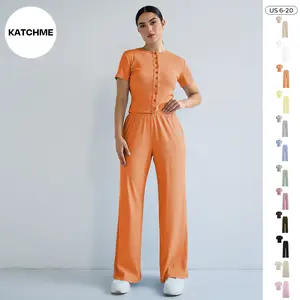 KatchMe Women's Casual Solid Crew Neck Button Short Sleeve Top & Wide Leg Trousers Co-ord, Basic Two Piece Outfits, Comfortable Womenswear