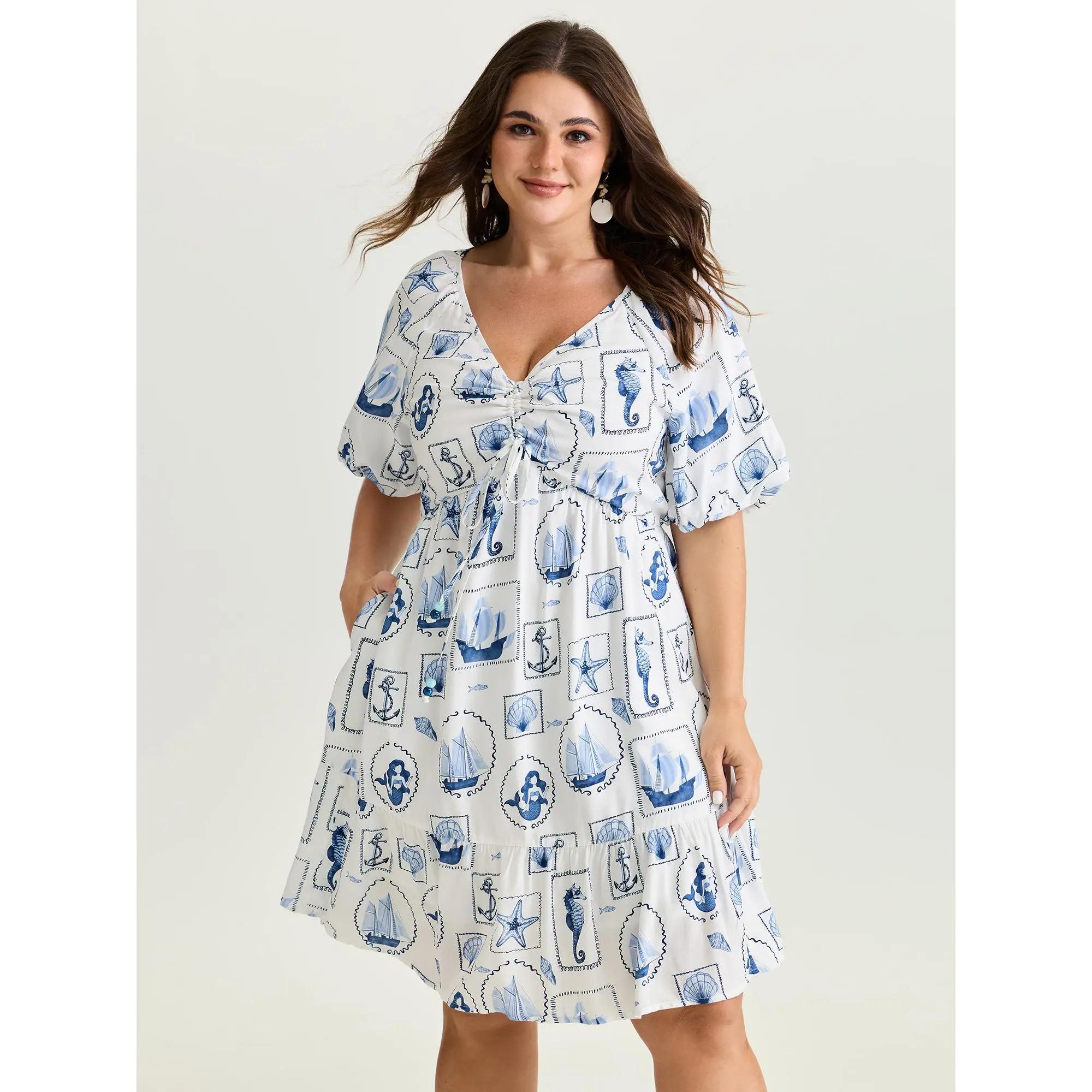 BLOOMCHIC Lady's Plus Size Short-Sleeve Casual Mini Dress [M-6X] - Vitamin-Sea Print, Ruched Design, Pocket, Bohemian Style, Ruched Waist Floral Print Short Sleeve Summer Dress, Flowy Casual Vacation Dress, Spotlight,Summer wins,Deals for you days
