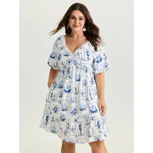 BLOOMCHIC Lady's Plus Size Short-Sleeve Casual Mini Dress [M-6X] - Vitamin-Sea Print, Ruched Design, Pocket, Bohemian Style, 2026 Summer Swimweek Vibes, Casual Wear, Plus Size Dresses, Shortsleeve