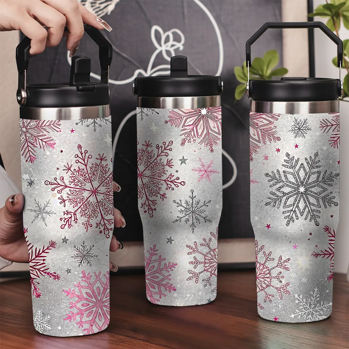 30oz Stainless Steel Insulated Tumbler with Leak-Proof Lid & Portable Handle - Pink Snowflake pattern,Winter Design Cup,Long-Lasting Hot/Cold Insulation,Cute Holiday Gift For Women And Friends Drink Drinkware