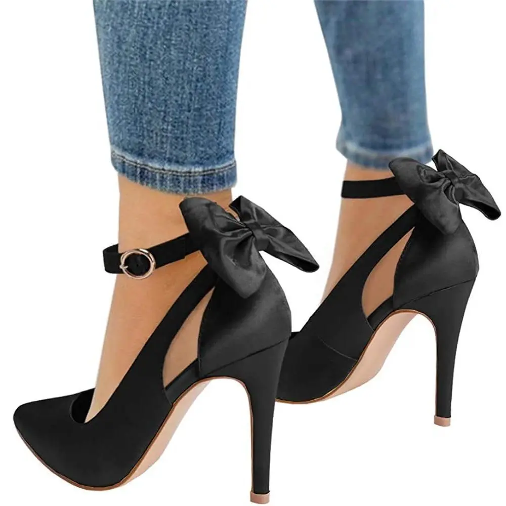 Women's Stiletto Pointed Toe High Heel Pumps - Ankle Strap Buckle D'Orsay Feminized Pumps with Bow Decor, Black Heels Wedding Shoe Footwear, Shoes For Women, Stylish Women's Wear