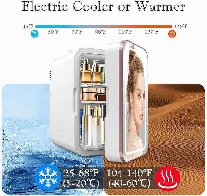 Mini Fridge for Bedroom, 6L Skincare Fridge with LED Mirror, Portable Cooler & Warmer for Dorm, Office, Makeup & Cosmetics, White Compact Quiet Design