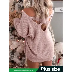 Women’s Autumn/Winter Casual Loose-Fit Knitted Sweater, Solid Color with Cutout and Cross Design, Plus-Size Pullover Knitwear