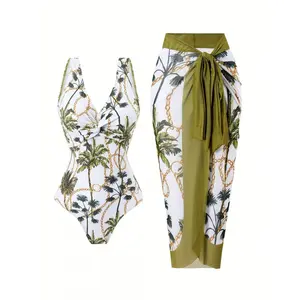 Tropical Palm & Chain Print 2-Piece Swimsuit Set - Deep V-Neck One-Piece + Sheer Sarong Cover-Up |   Tummy Control & Twist Front Design, Perfect for Beach Vacations, Resort Lounging & Tropical Getaways |     Quick-Dry, Lightweight Fabric for Summer Vibes!