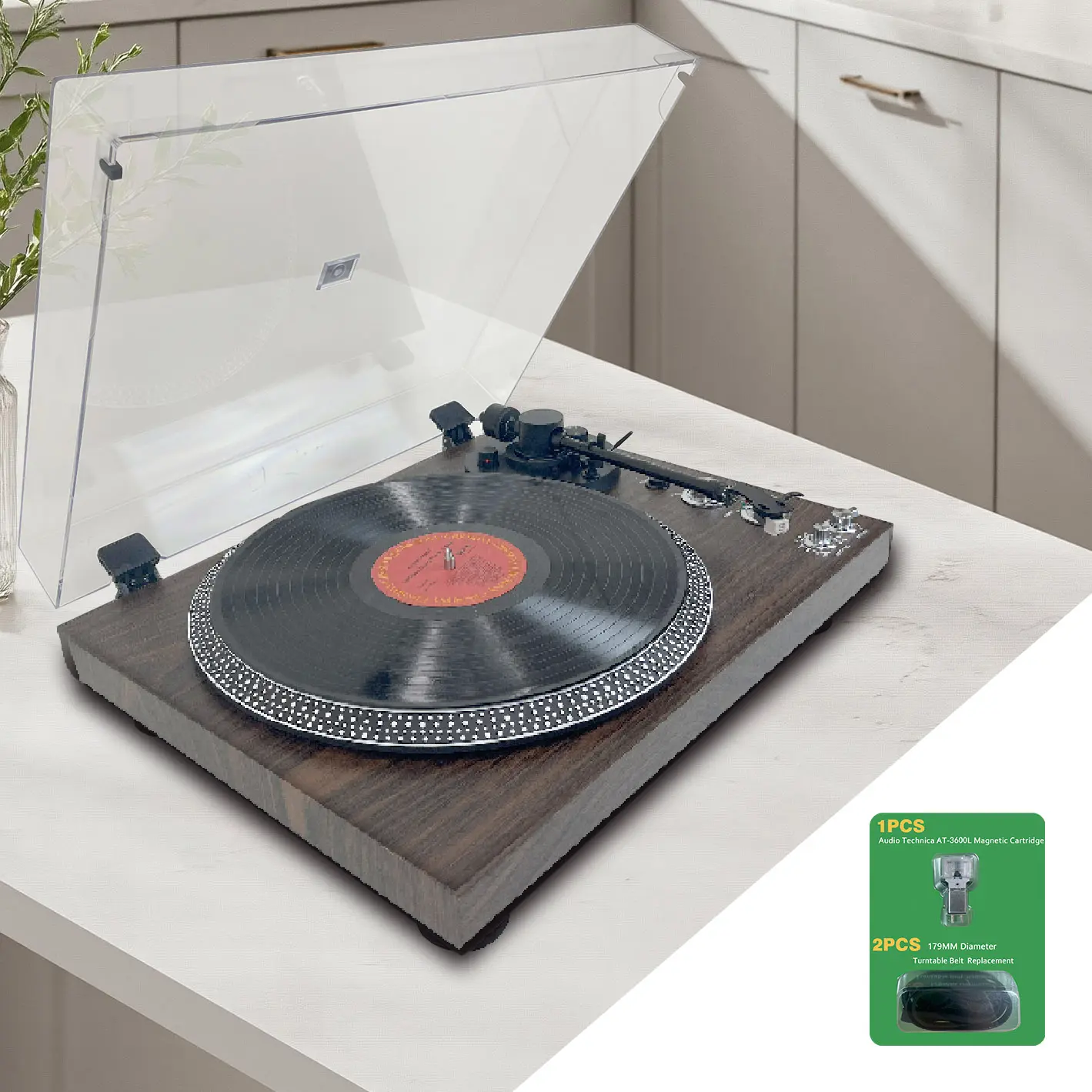 Retro Wood Vinyl Record Player with AT3600L Replacement Stylus, 2 Turntable Belts, Wireless Audio, RCA Line Output, Dual Speed, Dark Wood Finish - Ideal for Halloween, Thanksgiving, Christmas Gifts