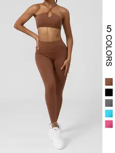 Women's Solid Criss Cross Back Crop Sports Bra & High Waist Leggings Tracksuit Set, Casual Breathable Outfits for Yoga Gym Workout Running, Women Tracksuits for Spring & Fall