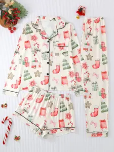 3-Piece Women's Autumn Winter Pajama Set, Long Sleeve Button-Up with Christmas Tree Print, Includes Long Pants & Shorts, Comfortable for All Seasons