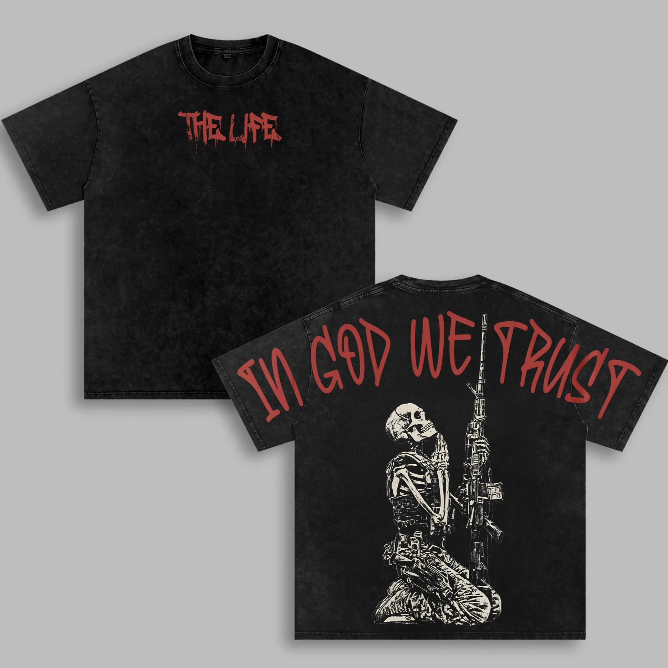 In God We Trust Christian Vintage Washed T-Shirt Skeleton Prayer Faith Graphic Tee Heavyweight Cotton Streetwear Oversized Unisex Religious Apparel