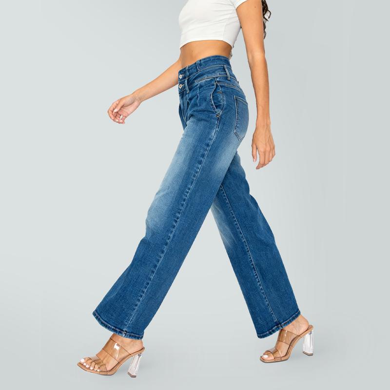 PREJEAN Y2K Washed Baggy Jeans for Women Trendy High Rise Straight Wide Leg Denim Pants with Pocket Fashion Casual High Street Long Trousers Elegant Loose Fit Floor Length Jeans
