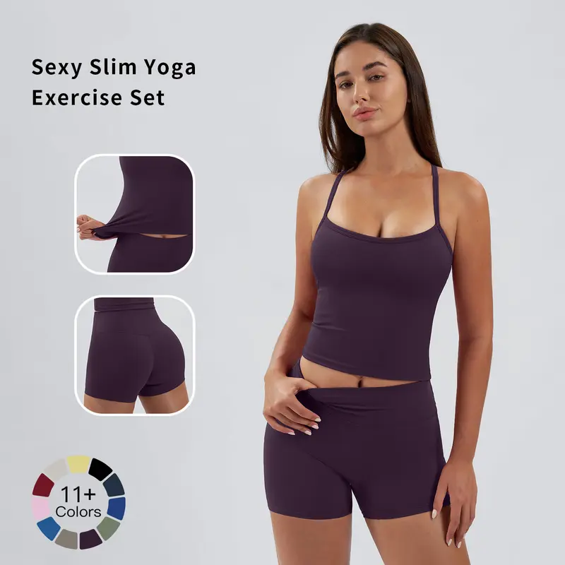 Tenwolf Women's 2-Piece Breathable Slim-Fitting Gym Set - Sleeveless Spaghetti Strap Backless Crop Cami Tank Top & High Waist Skinny Shorts, Workout Sets Women Matching Activewear All-Season Easy Choice, Blush Pink