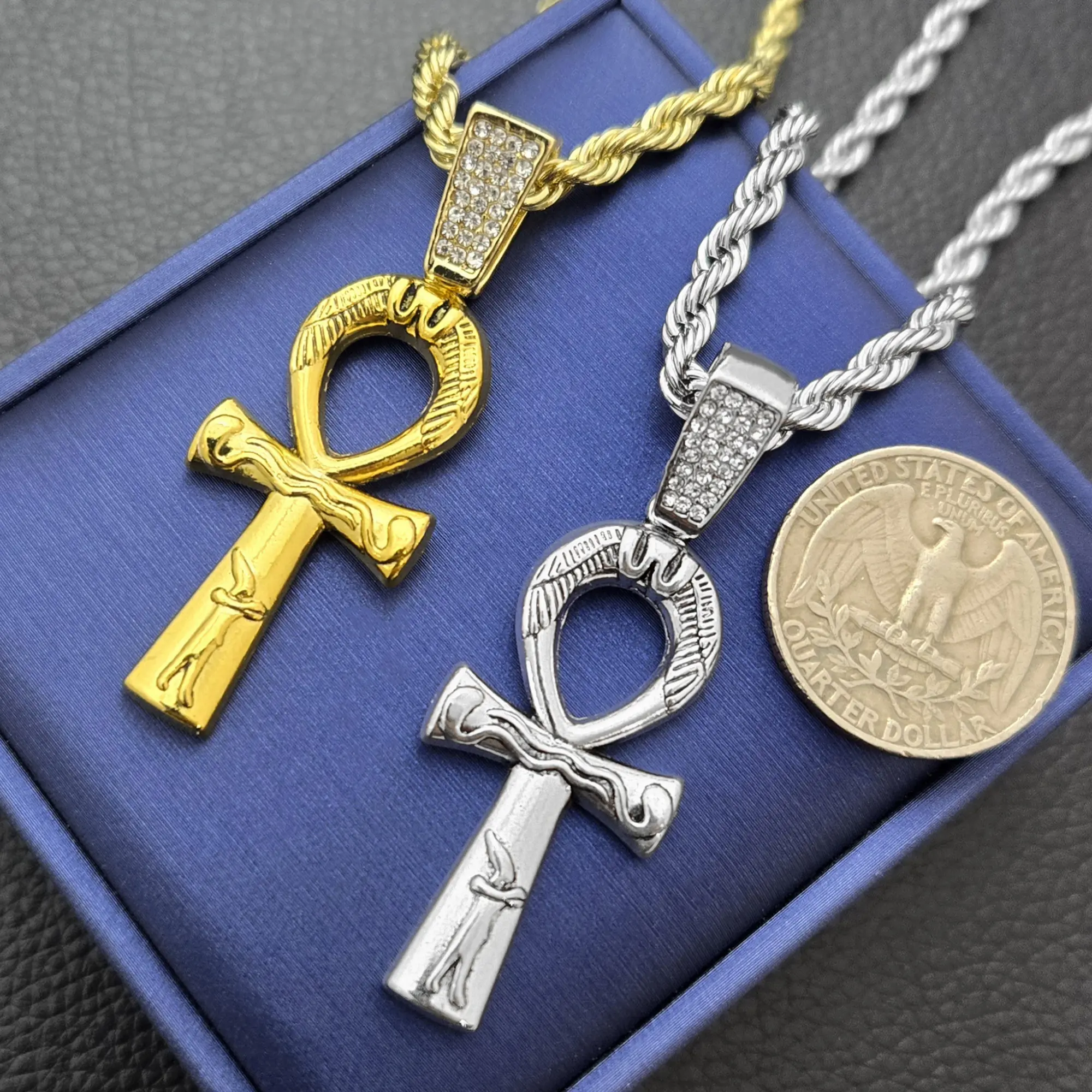 MaxBling81 Cross Design Pendant - Religious Egypt Ankh, Unisex Hip Hop Iced 40x20mm Ornament with 4mm 18"-20"-24" Rope Chain, Daily Wear Fashion Necklace