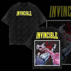 Men's Oversized Cotton Seamless Short-Sleeve Apparel, "Omni-Man & Allen vs Conquest" Invincible War Comic Double-Printed Lightweight Acid-Washed TV Series Graphic T-Shirt V1P