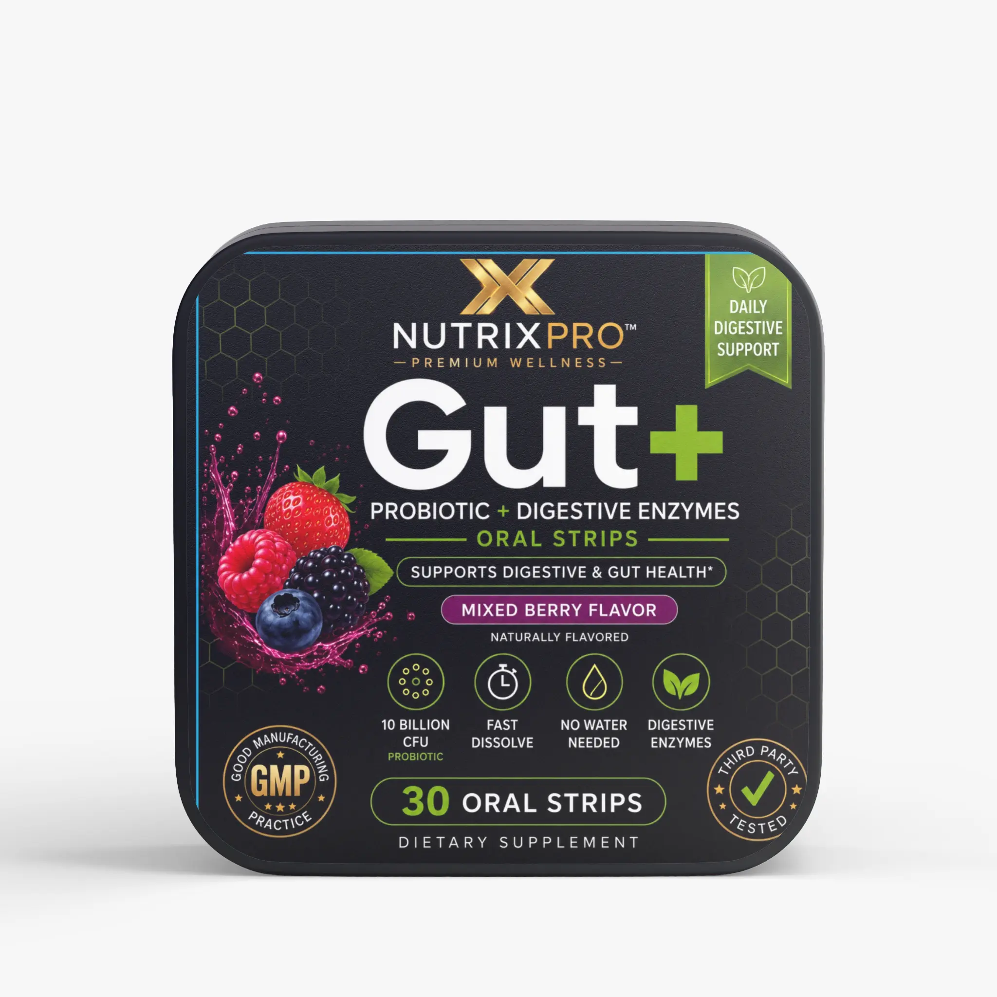 NutrixPro Gut+ Digestive Support Oral Strips – Mixed Berry Flavor