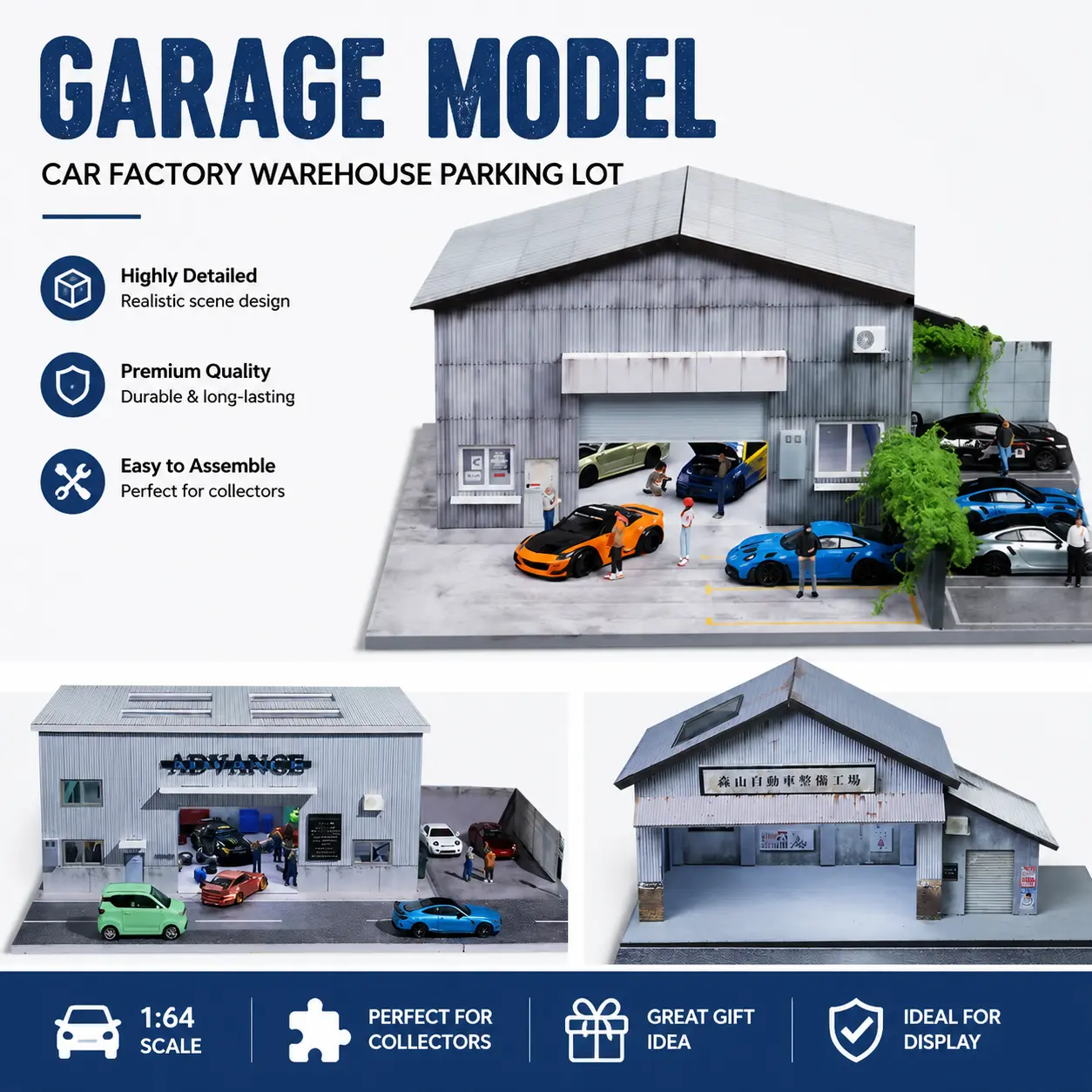 Diorama 1:64 Scale Car Garage Model with LED Lighting City Building Scene Model Japanese Supermarket Factory Garage Repair Shop Workroom Service Workshop Car Parking Lot Scene Display Model Diecast Car Collection Toys Gift for JDM Style Collector