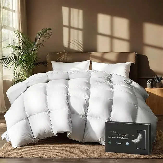 Downluxe Feather Down Fiber Comforter - Fluffy Duvet Insert, All Seasons Bedding, Breathable Soft Design with Box Stitch & 8 Duvet Loops