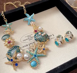 2Pcs Ocean Beach Jewelry Set, Enamel Starfish Seashell Pearl Rhinestone Statement Choker Necklace Stud Earrings, Nautical Summer Mermaid Accessory for Vacation Party Daily Outfits