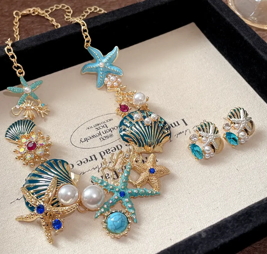 Nautical 2-Piece Jewelry Set for Women, Enamel Seashell & Starfish Choker and Stud Earrings with Pearls & Rhinestones, Vacation Accessory, Colorful Jewelry Set, Necklace Gift Set