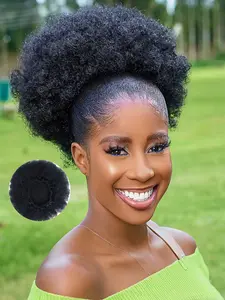 Afro Puff Drawstring Ponytail Extension for Women Glueless Ponytail Wig Heat Resistant Synthetic Fiber Short Curly Clip On Kinky Drawstring Hairpiece for Daily Use