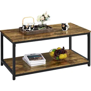 2-Tier Coffee Table, Industrial Wood Coffee Table with Storage Shelf for Living Room, Rectangle Side End Table with Metal Frame, Rustic Brown