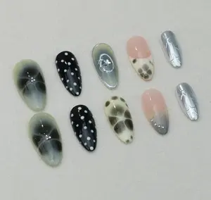 Handmade Gel Nails In Long Almond/Glue On Nails/Summer Nails/Birthday Wedding Prom Faux Nails/Gift for Her，Christmas nail、Chrome Nails Art, Birthday Party Holiday Nails/ Valentine Nail Set