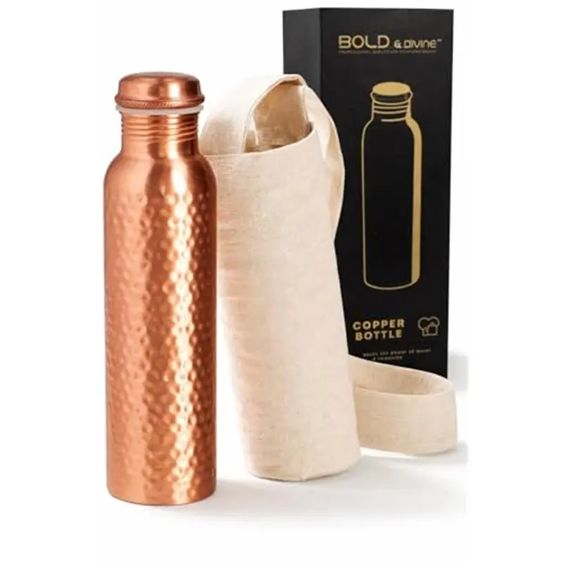 Premium 32oz Pure Copper Hammered Water Bottle for Drinking - Ayurvedic Health Benefits - Handcrafted Copper Water Vessel - Leak-Proof Design, Rust-Free - Bonus Canvas Carry Bag