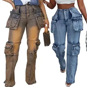 Vintage Washed Distressed Women’s Ankle-Length Cargo Pants with Patchwork Denim Pockets, High Waist, Loose Fit — 2024 Women’s Streetwear Bottom