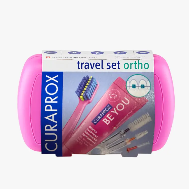CURAPROX Ortho Travel Set Pink Oral Care with Toothbrush and Toothpaste for Daily Use