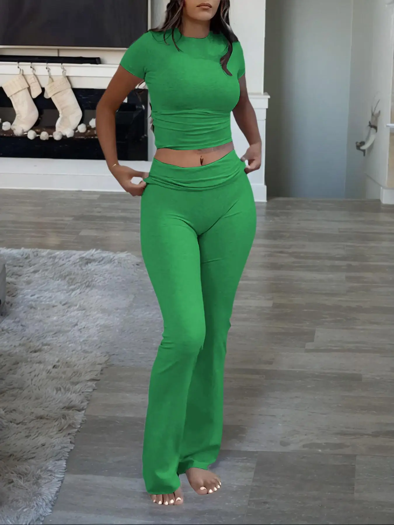 Women's Solid Color Crop Crewneck Shortsleeve Tee & Pants Two-piece Set, Casual Minimalist Basic Fashion Fitted Cozy Outfits for Daily Wear, Ladies Su