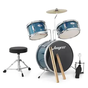 Drum Set, 1 Wood/Metal AD-150 Three Drums Set, Jazz Rock Includes Bass Drum, 2 Toms, Cymbal, Drum Sticks, Bass Pedal and Stool, Percussion Musical Instrument Birthday Playsetl (Blue, 3-Piece)