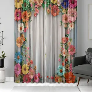 2pcs Multicolor Chrysanthemum Pattern High-Definition Digital Print Curtains, Window Curtain, Semi-Transparent Polyester, Fade Resistant, Hand Washable