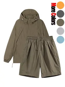 Two-Piece Set Men's Solid Color Hooded Jacket & Shorts Set, Loose Casual Breathable Quick Drying Outerwear & Shorts, Men's Summer Clothes for Outdoor Hiking Fishing