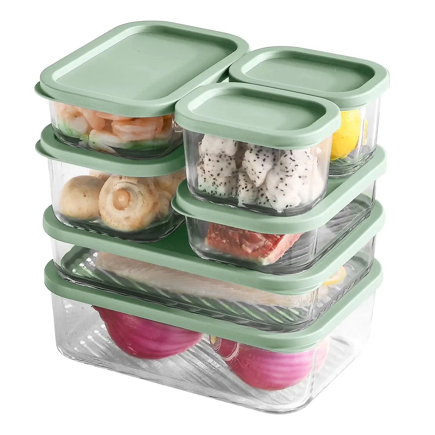 Glass Food Storage Containers, Grooved Base 14pc Glass Storage Containers with Lids, Microwave, Freezer & Oven Safe Meal Prep, BPA Free, Sage