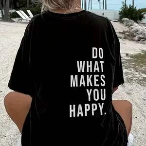 Women's "Do What Makes You Happy" Slogan – Casual Crew Neck, Short Sleeve Top in White – Soft Polyester & Spandex Blend, Machine Washable – Perfect for Spring & Summer, Cute Shirts Sweatshirt Round Neck