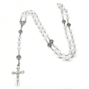 Crystal Beaded Rosary Necklace, Classic Cross Pendant Religious Long Chain Jewelry, Elegant Catholic Faith Accessory, Delicate Vintage Worn Ornament Ideal for Daily Matching, Church Activity and Baptism Holiday Gifts