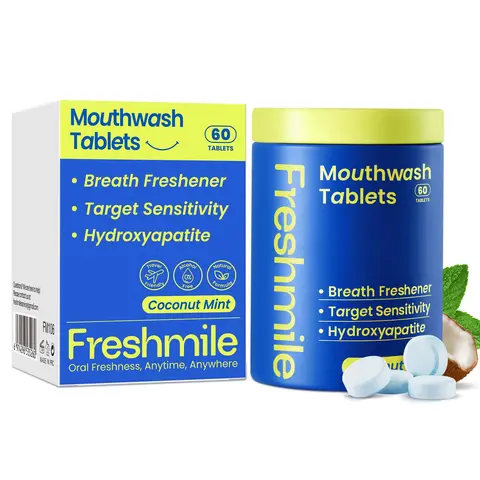 Freshmile Travel Oral Mouthwash Tablets - Fluoride-Free, Alcohol-Free, Xylitol, Nano-Hydroxyapatite (NHA), Probiotics, Natural Antibacterial, Cavity Protection, Tooth Sensitivity Relief, Natural Whitening Mint Flavor Bad Breath Treatment