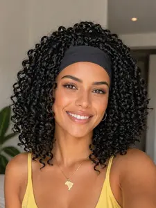 Band Wig Black Deep Wave for Women's Curly Headband Wig, Headband Wigs for Women Synthetic, Water Wave Headband Wigs, Synthetic Wig, Glueless Hair Wigs, Wet And Wavy Wigs with Headbands Attached Glueless Black Half Wig Density for Daily Use